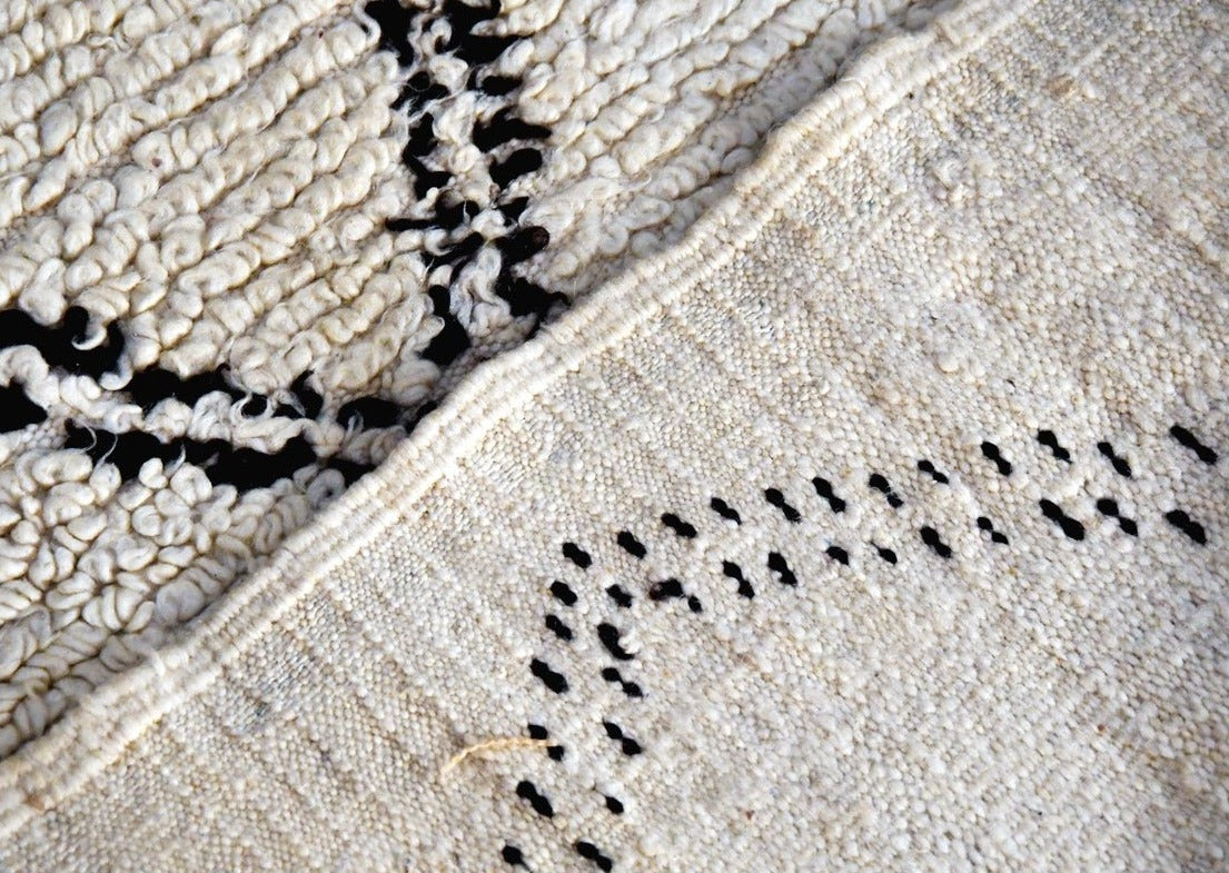 detail shot of classic beni ourain rug. both front and back of rug are shown here.