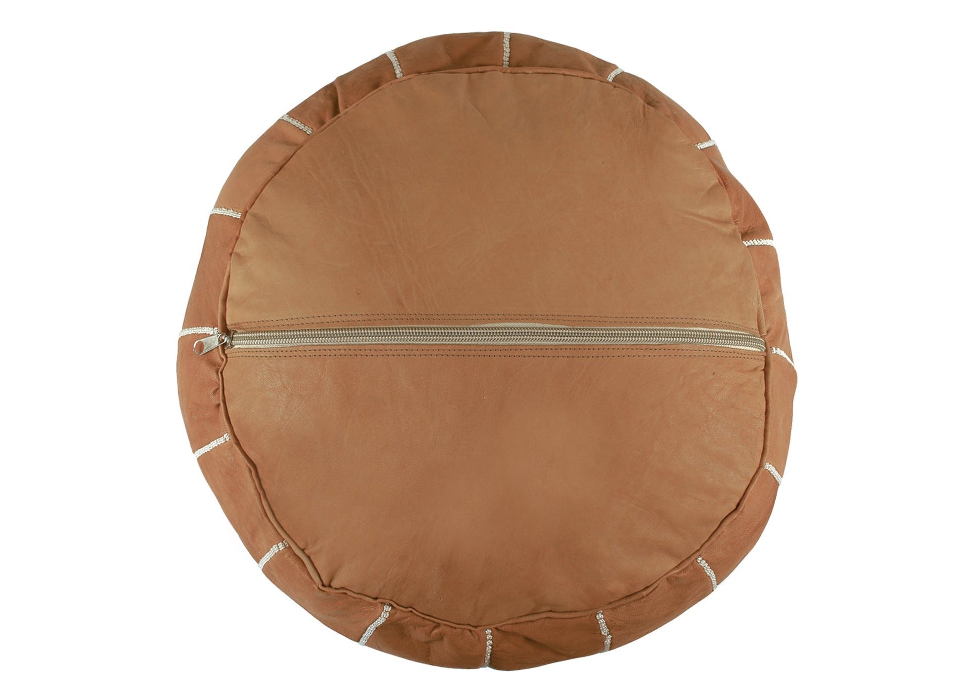 up close shot of zipper backing where you can easily add filling to your leather moroccan pouf. 